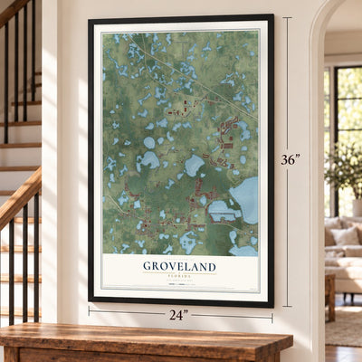 Groveland, Florida map, 24 x 36 inch print in a black frame by a staircase