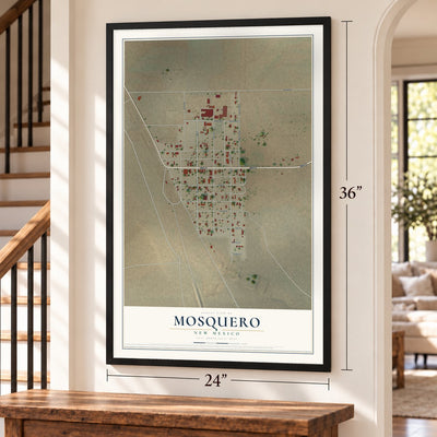 Mosquero, New Mexico map, 24 x 36 inch print in a black frame by a staircase
