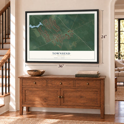 Townsend, Delaware map, 24 x 36 inch print in a black frame above a dresser by a staircase