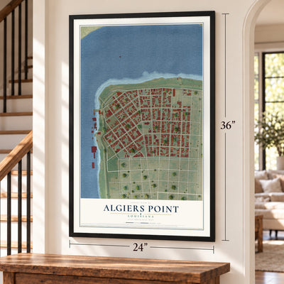 Algiers Point, Louisiana map, 24 x 36 inch print in a black frame by a staircase