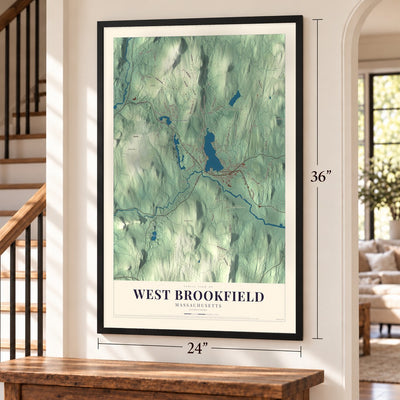 West Brookfield, Massachusetts map, 24 x 36 inch print in a black frame by a staircase