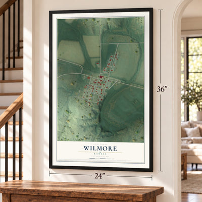 Wilmore, Kansas map, 24 x 36 inch print in a black frame by a staircase