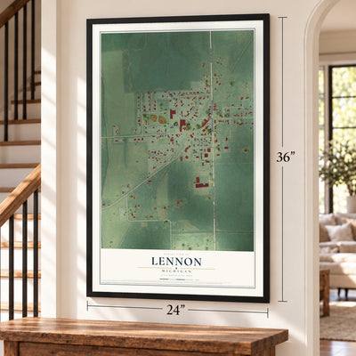Lennon, Michigan map, 24 x 36 inch print in a black frame by a staircase