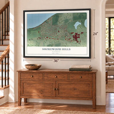 Shorewood Hills, Wisconsin map, 24 x 36 inch print in a black frame above a dresser by a staircase