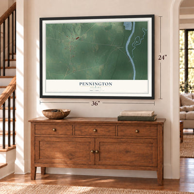 Pennington, Alabama map, 24 x 36 inch print in a black frame above a dresser by a staircase