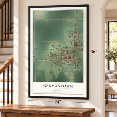 Germantown, Illinois map, 24 x 36 inch print in a black frame by a staircase