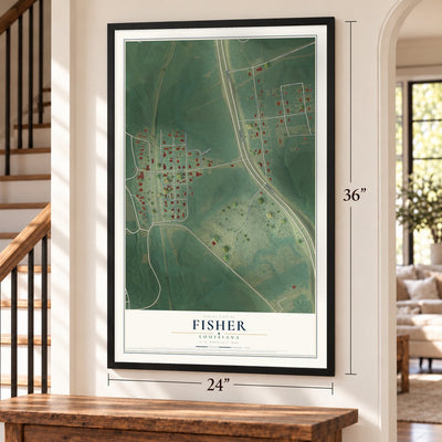 Fisher, Louisiana map, 24 x 36 inch print in a black frame by a staircase