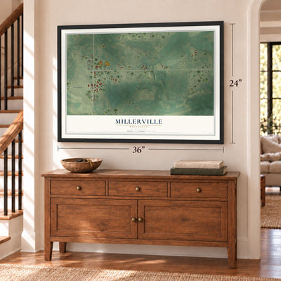 Millerville, Minnesota map, 24 x 36 inch print in a black frame above a dresser by a staircase