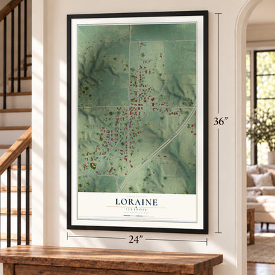 Loraine, Illinois map, 24 x 36 inch print in a black frame by a staircase
