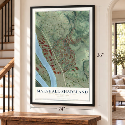 Marshall-Shadeland, Pennsylvania map, 24 x 36 inch print in a black frame by a staircase