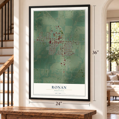 Ronan, Montana map, 24 x 36 inch print in a black frame by a staircase