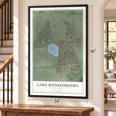 Lake Ronkonkoma, New York map, 24 x 36 inch print in a black frame by a staircase