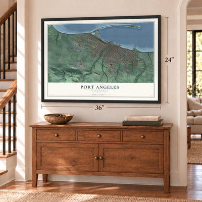 Port Angeles, Washington map, 24 x 36 inch print in a black frame above a dresser by a staircase