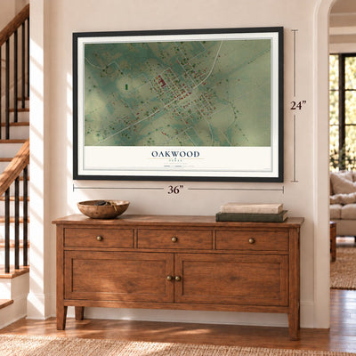 Oakwood, Texas map, 24 x 36 inch print in a black frame above a dresser by a staircase