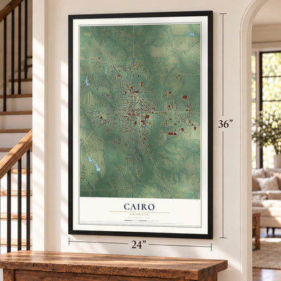 Cairo, Georgia map, 24 x 36 inch print in a black frame by a staircase