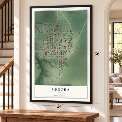 Medora, Illinois map, 24 x 36 inch print in a black frame by a staircase