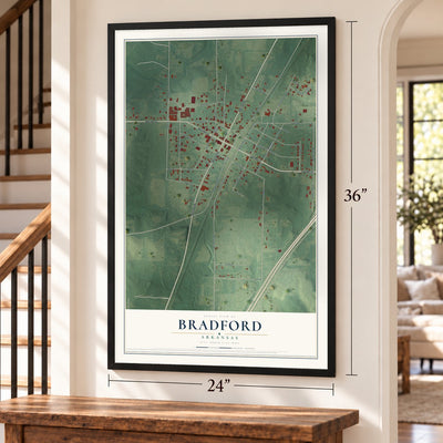 Bradford, Arkansas map, 24 x 36 inch print in a black frame by a staircase
