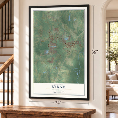 Byram, Mississippi map, 24 x 36 inch print in a black frame by a staircase