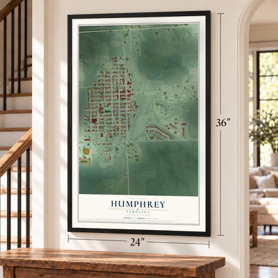Humphrey, Nebraska map, 24 x 36 inch print in a black frame by a staircase