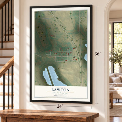 Lawton, North Dakota map, 24 x 36 inch print in a black frame by a staircase