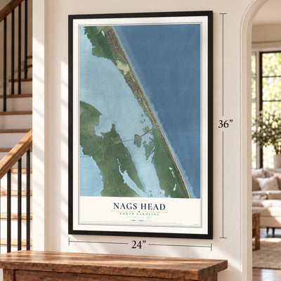 Nags Head, North Carolina map, 24 x 36 inch print in a black frame by a staircase