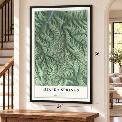 Eureka Springs, Arkansas map, 24 x 36 inch print in a black frame by a staircase