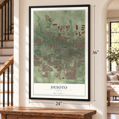 DeSoto, Texas map, 24 x 36 inch print in a black frame by a staircase