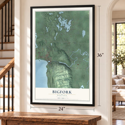 Bigfork, Montana map, 24 x 36 inch print in a black frame by a staircase