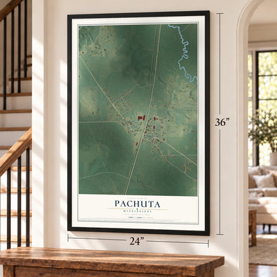 Pachuta, Mississippi map, 24 x 36 inch print in a black frame by a staircase