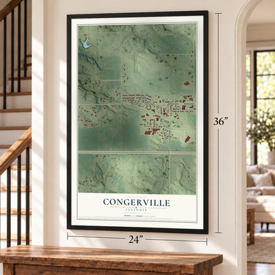 Congerville, Illinois map, 24 x 36 inch print in a black frame by a staircase