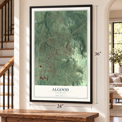 Algood, Tennessee map, 24 x 36 inch print in a black frame by a staircase