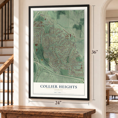 Collier Heights, Georgia map, 24 x 36 inch print in a black frame by a staircase