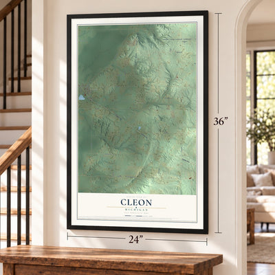 Cleon, Michigan map, 24 x 36 inch print in a black frame by a staircase
