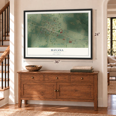 Havana, Arkansas map, 24 x 36 inch print in a black frame above a dresser by a staircase