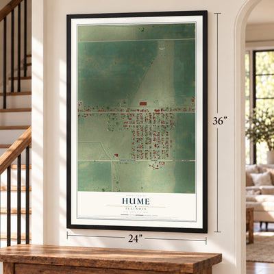 Hume, Illinois map, 24 x 36 inch print in a black frame by a staircase