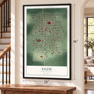 Salem, South Dakota map, 24 x 36 inch print in a black frame by a staircase