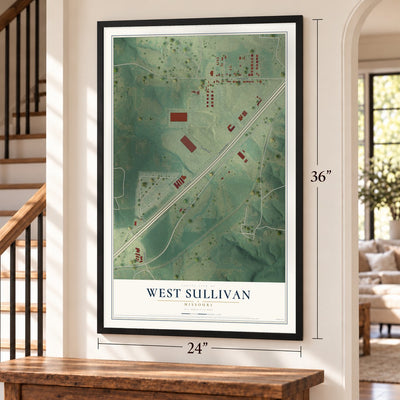 West Sullivan, Missouri map, 24 x 36 inch print in a black frame by a staircase