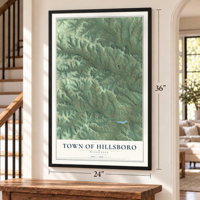 Town of Hillsboro, Wisconsin map, 24 x 36 inch print in a black frame by a staircase
