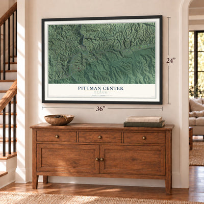 Pittman Center, Tennessee map, 24 x 36 inch print in a black frame above a dresser by a staircase