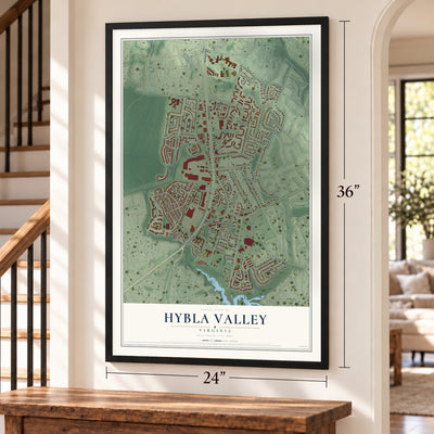 Hybla Valley, Virginia map, 24 x 36 inch print in a black frame by a staircase