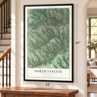 North Fayette, Pennsylvania map, 24 x 36 inch print in a black frame by a staircase