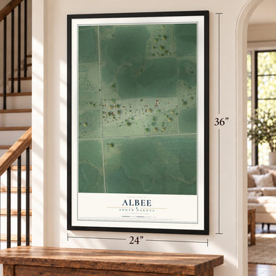 Albee, South Dakota map, 24 x 36 inch print in a black frame by a staircase