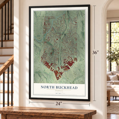 North Buckhead, Georgia map, 24 x 36 inch print in a black frame by a staircase
