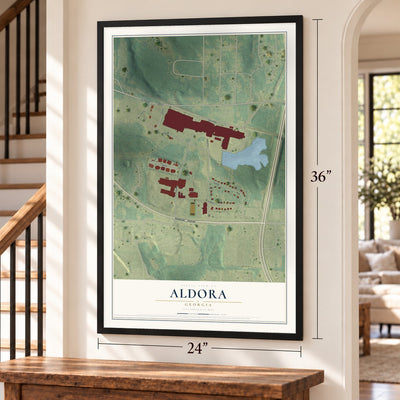 Aldora, Georgia map, 24 x 36 inch print in a black frame by a staircase