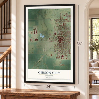 Gibson City, Illinois map, 24 x 36 inch print in a black frame by a staircase