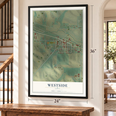 Westside, Iowa map, 24 x 36 inch print in a black frame by a staircase