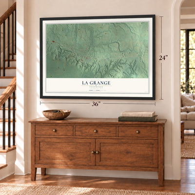 La Grange, Tennessee map, 24 x 36 inch print in a black frame above a dresser by a staircase