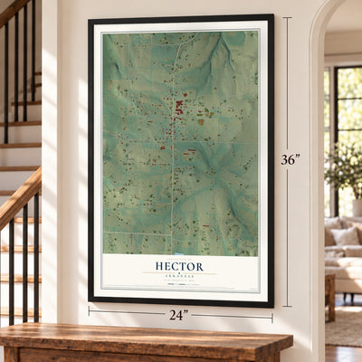 Hector, Arkansas map, 24 x 36 inch print in a black frame by a staircase