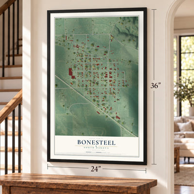 Bonesteel, South Dakota map, 24 x 36 inch print in a black frame by a staircase