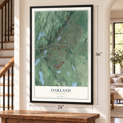 Oakland, New Jersey map, 24 x 36 inch print in a black frame by a staircase